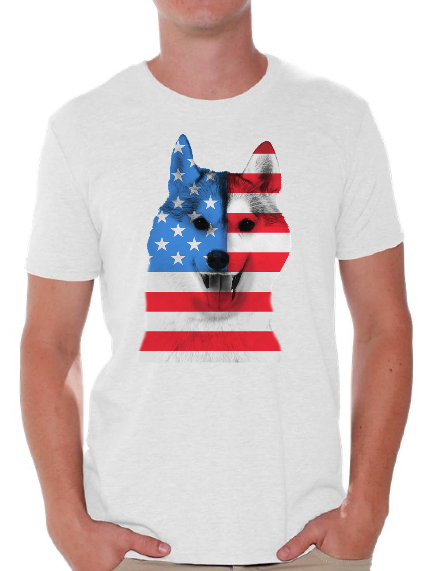 USA Flag American Husky Men's V-neck T shirt  Dog Lover 4th of July 