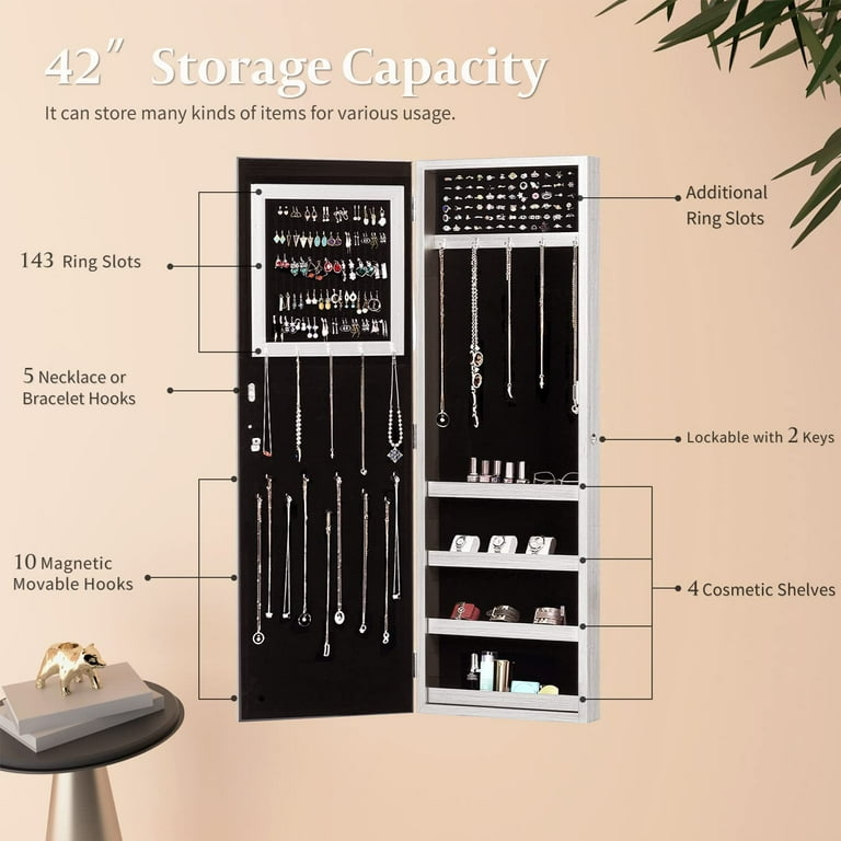 Erommy Lockable Jewelry Cabinet Armoire Wall Mounted Storage Organizer with Full Length Mirror White