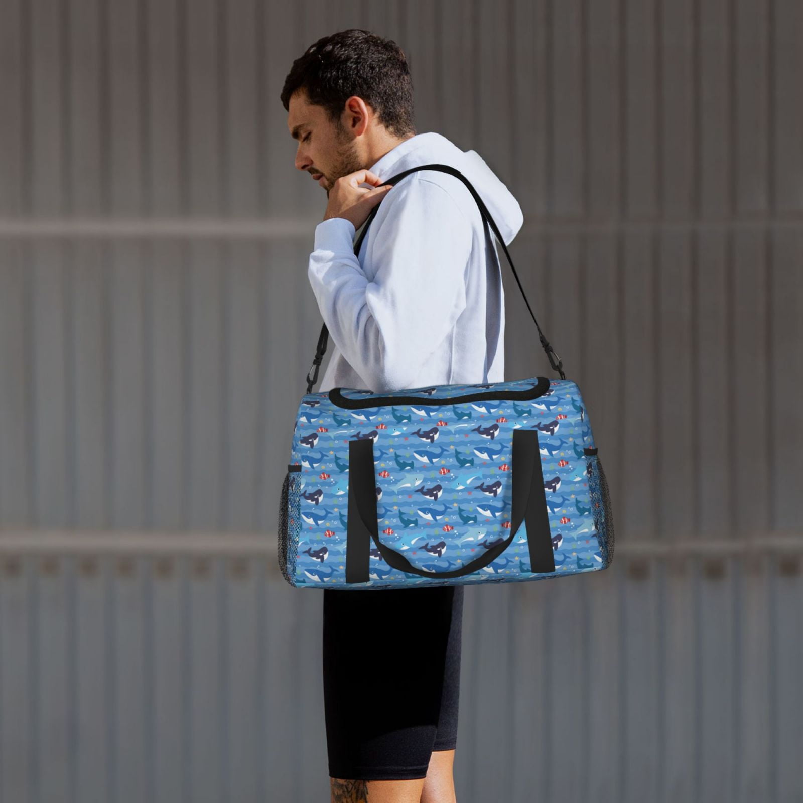 Fuzoiu Blue Fish Print Travel Duffle Bag,Carry On Tote Bags,Duffel Bag,Sport Gym Bag, Hospital Bag for Labor and Delivery, Overnight Bag,Luggage Bag