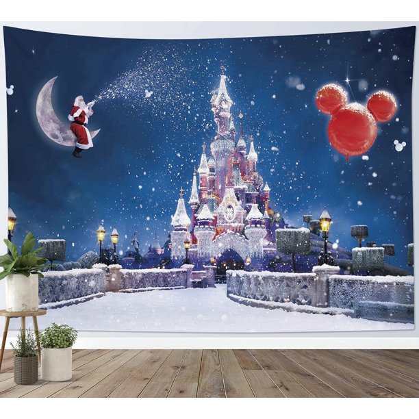 Tapiz navideño para colgar en la pared, tapiz de castillo, Papá Noel sentado en la luna con nieve, mantas de pared para dormitorio infantil, sala de estar, decoración de dormitorio, 150 x 130 cm