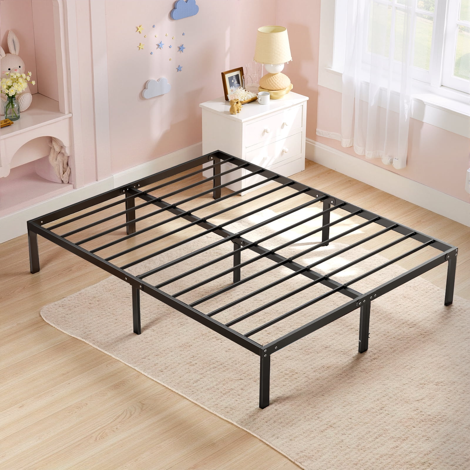 Queen Size Metal Platform Bed Frame, Heavy Duty Mattress Foundation with Steel Slats Support, No Box Spring Needed, Black