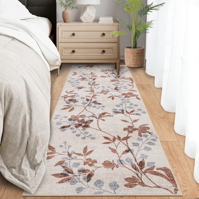 Garvee 2'x6' Modern Runner Rug Washable Floral Accent Carpet with Non-Slip Backing, Stain-Resistant Soft Rugs Low Pile Floor Mats, Botanical Print Rug for for Entryway, Hallway, Kitchen, Beige