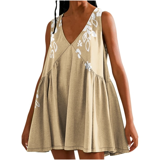 Vestido de Verano Casual, Vestido de Cuello en V sin Mangas Impreso Suelto Hecho de Poliéster Cómodo para el Uso Diario de Verano de Primavera, Vestido de Verano de Mujer