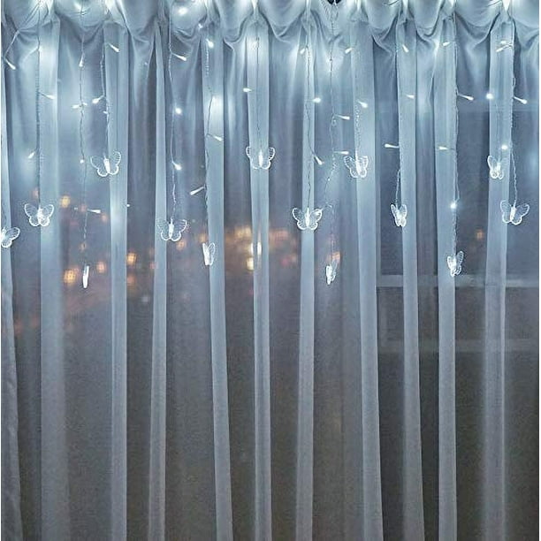 Cortina de mariposas, luces de hadas, enchufe USB, 8 modos, 96 LED, 11.5 pies, luciérnaga, ventana, temporizador, cadena de luces con control remoto para dormitorio, patio, decoración de fiesta de bod