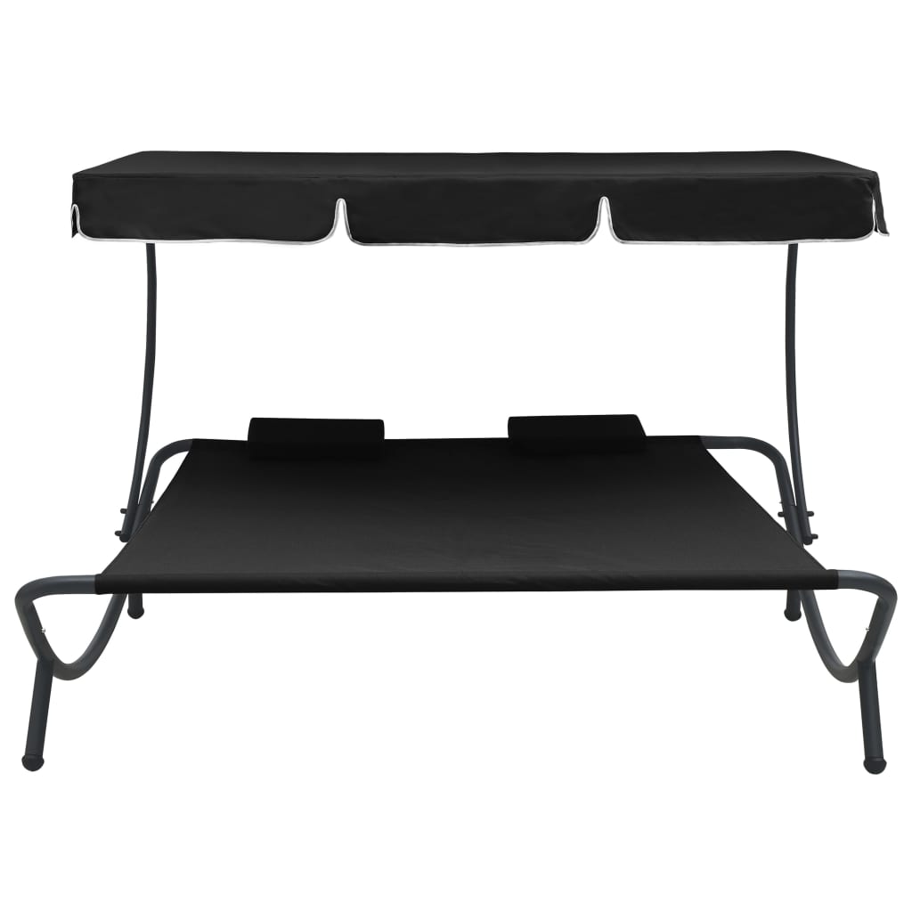 Patio Double Chaise Lounge Sun Bed with Canopy and Pillows,Outdoor Daybed Reclining Chair (Black) - image 2 of 7