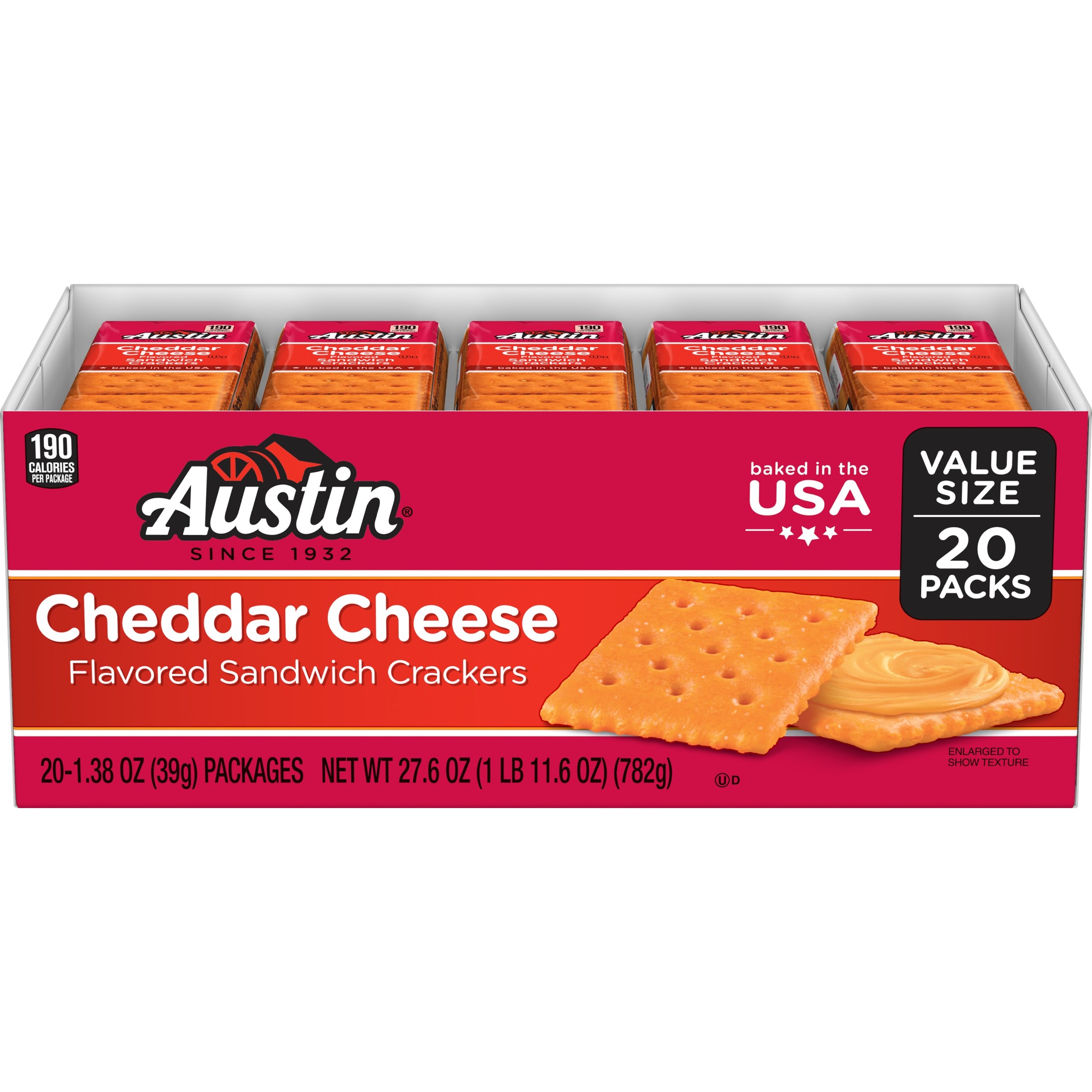 Austin Cheddar Cheese Flavored Sandwich Crackers, Lunch Snacks, 20 Count