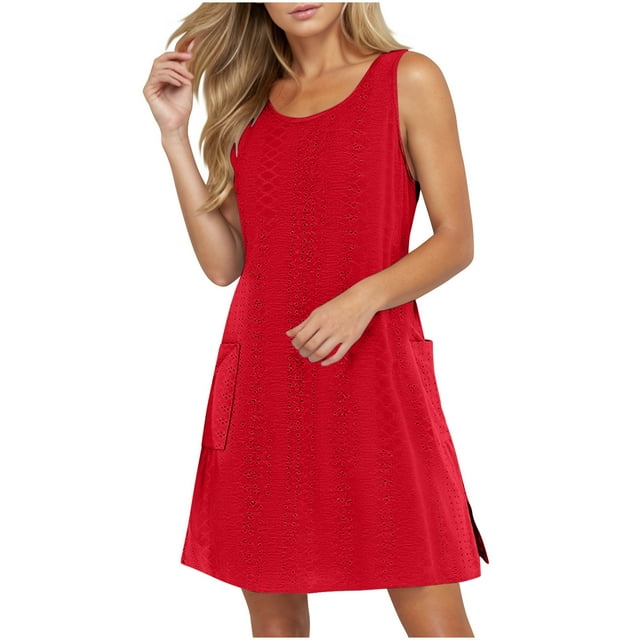 KIHOUT Robes d'Été pour Femmes 2025 à Oeillets Décontractées Amples à Col Rond Sans Manches Robes de Plage avec Poches Rouge P