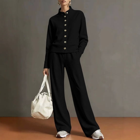 Women's Sweat Suits Wide Leg Plus Size Round Neck Cardigan Hoodie Wide Leg Pants Suit