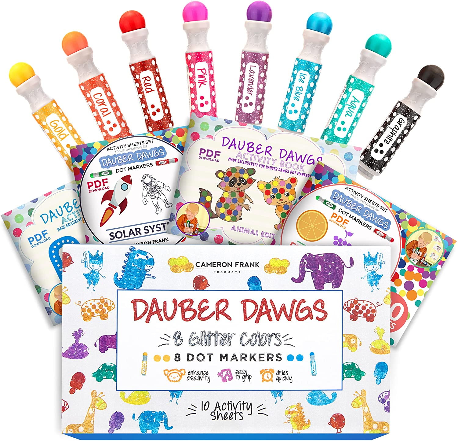 Washable Shimmer & Regular Dot Markers Preschool Children Arts Crafts Supplies Kit Dauber Dawgs Toddler Art Activities 16 Pack Downloadable Activity Sheets For Kids Bingo Daubers Dabbers Dobbers 