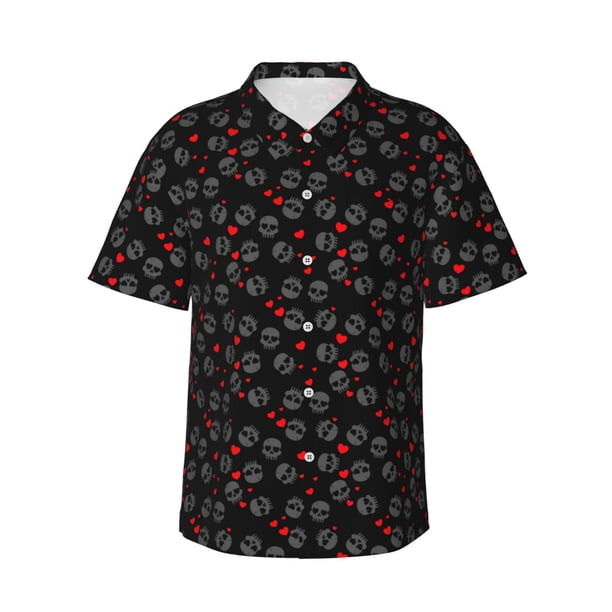 Fotbe Love Valentine's skull Camisa Hawaiana para Hombre Unisex – Camisa Casual de Verano con Botones de Manga Corta de Algodón y Lino,Medium