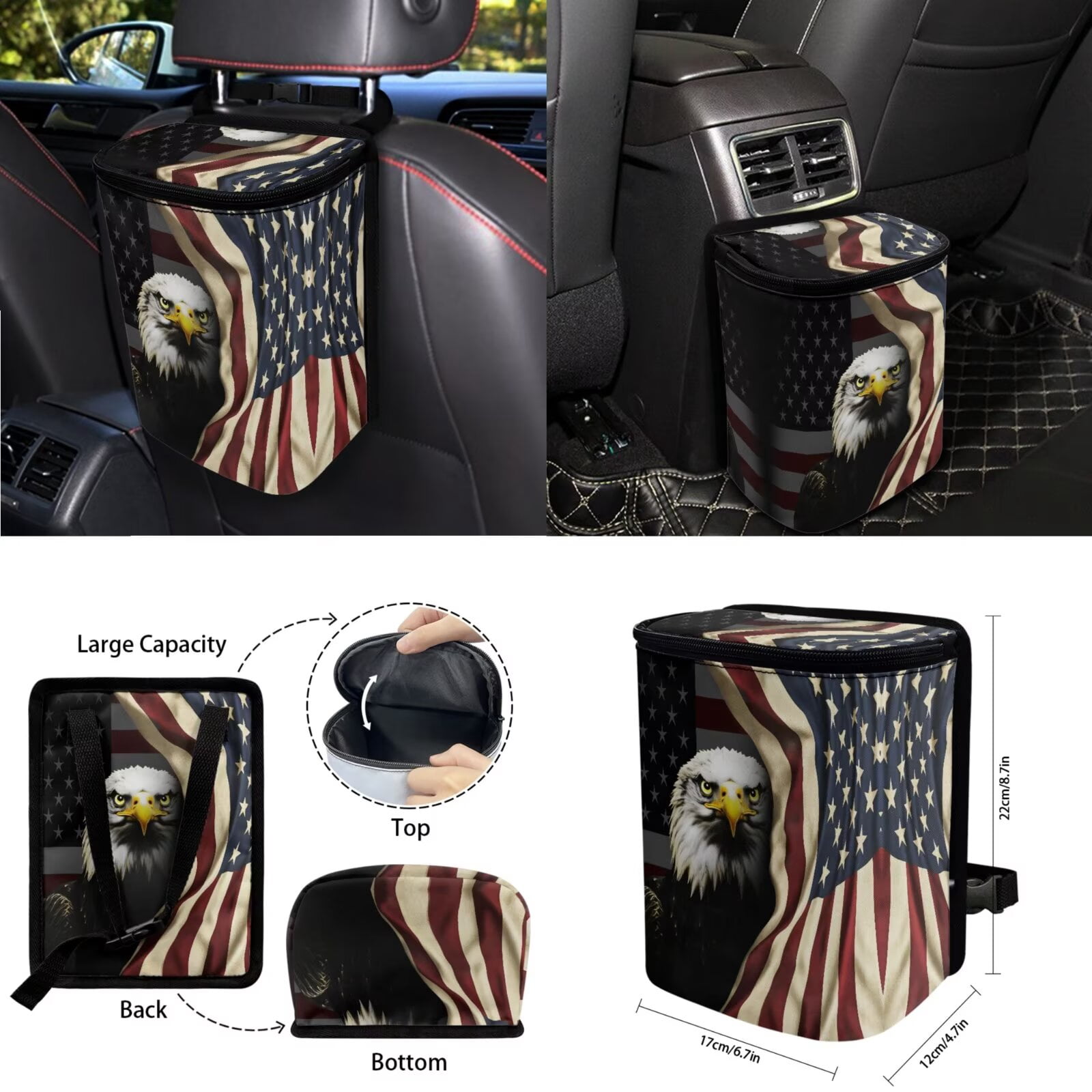 KUIFORTI Bald Eagle Car Seat Covers Front Seats American Flag Seat Belt Cover Pad, Steering Wheel Protector, Coasters, Chapstick Holder, Car Trash Can, Car Pouch Car Vent Pocket