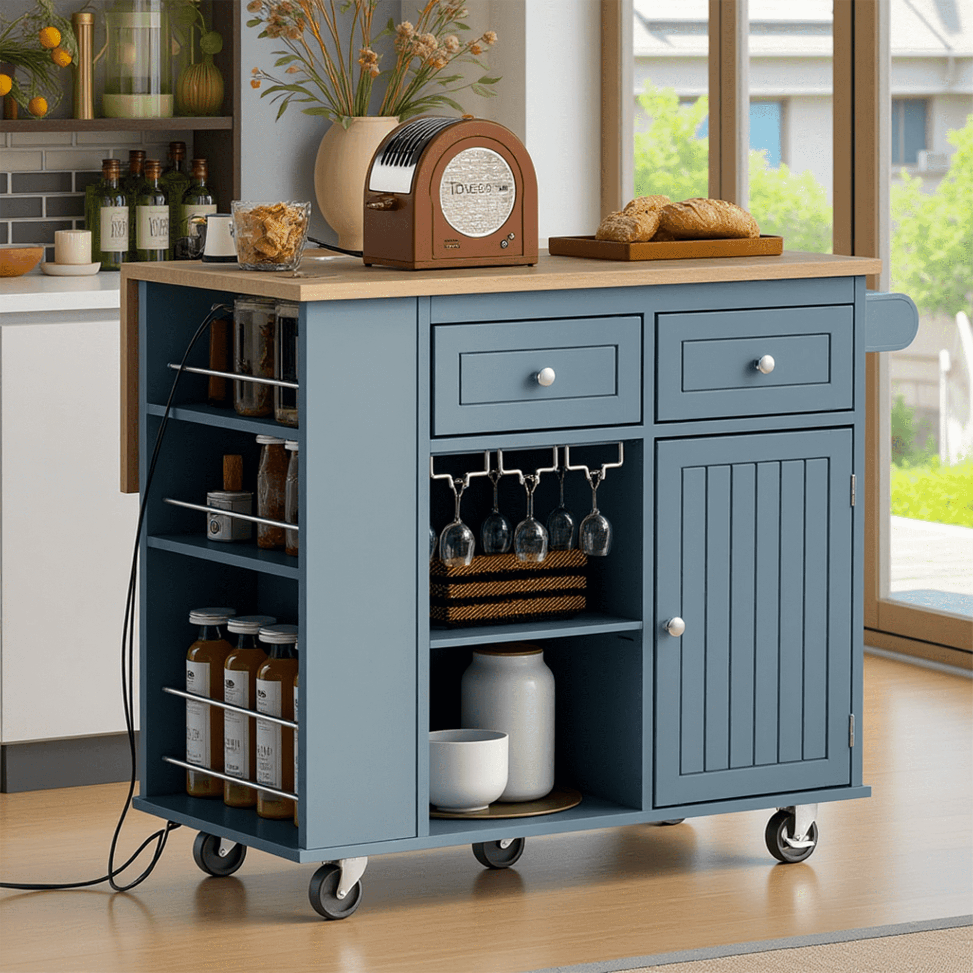 MAYEERTY Rolling Kitchen Island with Power Outlet, Towel Rack, Drop Leaf & Rubber Wood, Black