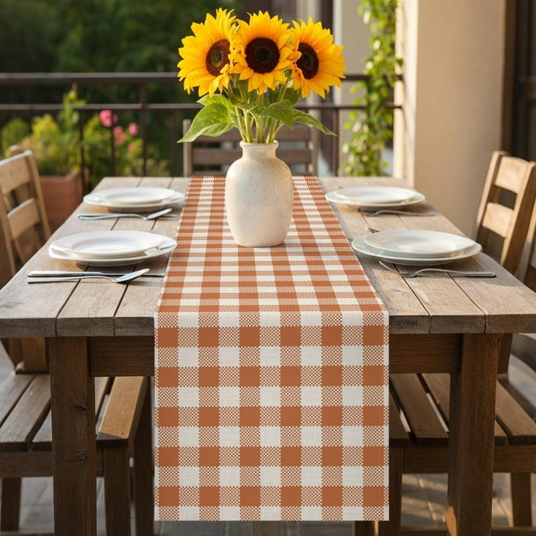 Long Table Setting Table Runner Dresser Scarves 70 Inch Long,Orange White Gingham Grid ...