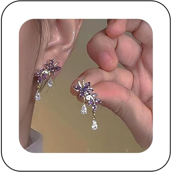Bohemian Crystal Butterfly Dangle Earrings Purple Rhinestone Butterfly Earrings Amethyst Butterfly Stud Earrings Silver Teardrop Cz Butterfly Earrings Jewelry for Women