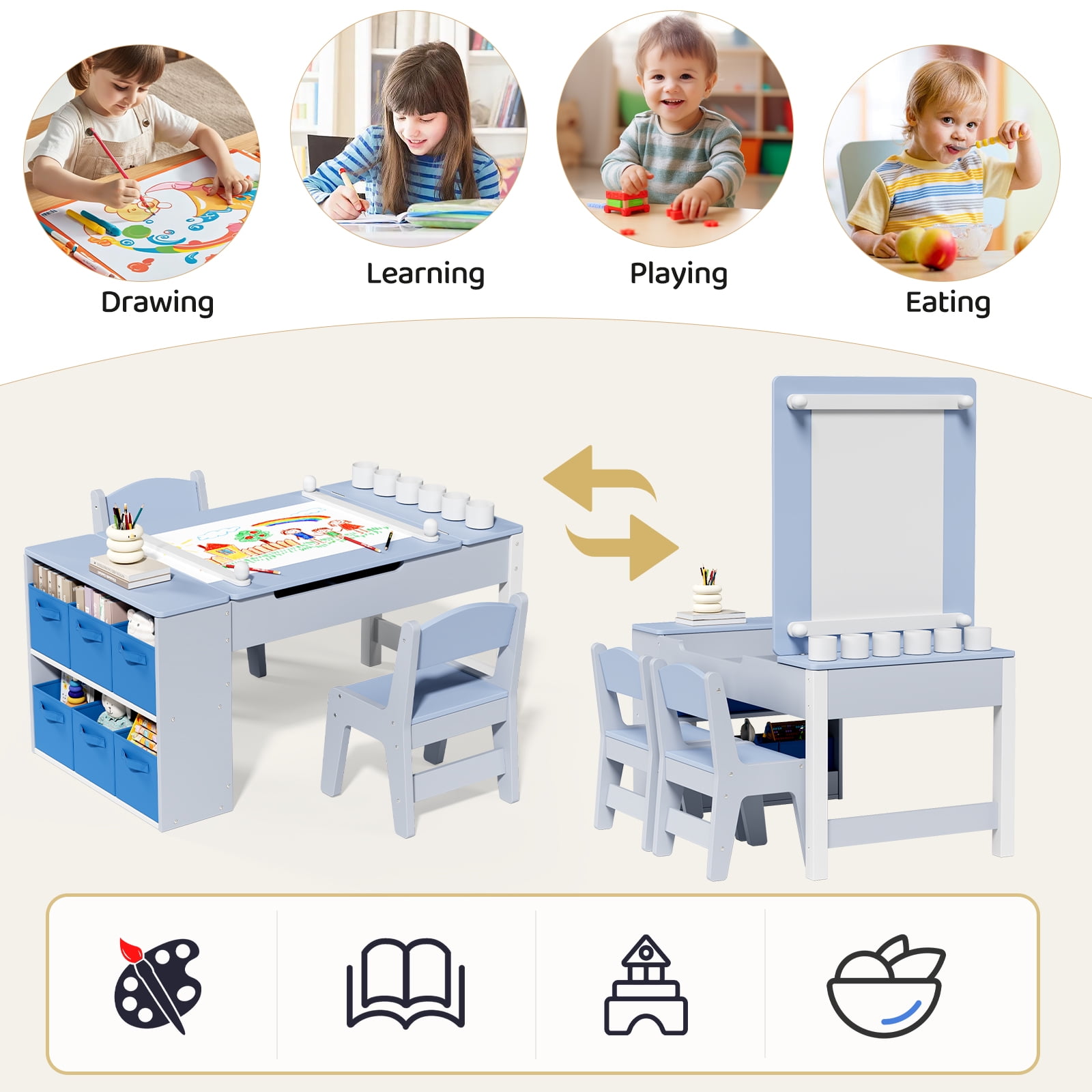 Arlopu 3 in 1 Kids Drawing Table & Chair Set Wooden Activity Craft Table with Art Easel Adjustable Tilt, 6 Storage Bins, 6 Paint Cup