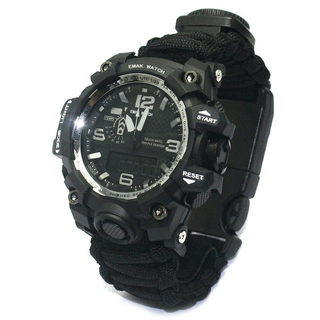 Pulsera de supervivencia de emergencia, reloj de supervivencia digital resistente al agua, con silbato, paracord, encendedor, raspador, brújula