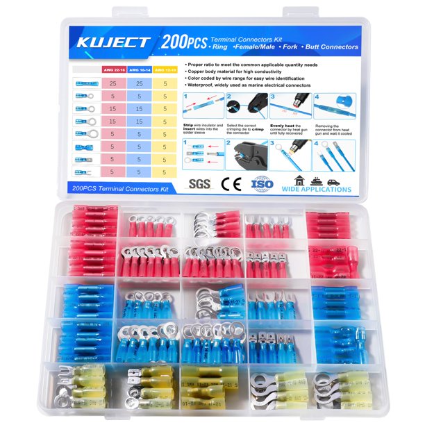 Kit de conectores de cable termorretráctiles Kuject, 200 piezas, impermeables