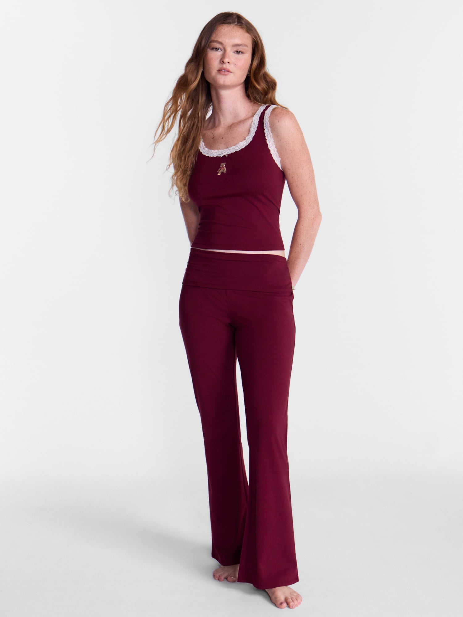 No Boundaries Cotton Blend Jersey Sleep Foldover Pants, 31'' Inseam, Women’s XXS-3X