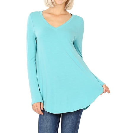Women & Plus(S-3X) Relaxed Fit Long Sleeve V-Neck Round Hem Jersey Tee Shirt Top (Single & Multi-Packs Available) price history on PriceWatchPro