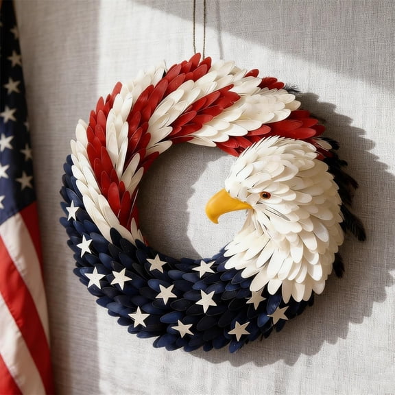 American Flag Wreath with 3D Eagle for Front Door, Patriotic Wreath for 4th of July, Independence Day, Veterans Day, Memorial Day Decor - Red White Blue Outdoor Wreath, 14 Inch（T）
