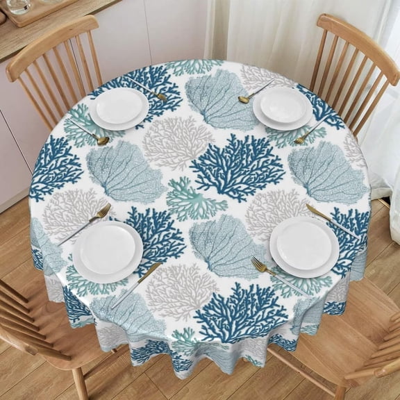 Round Tablecloth Nautical Blue Coral Round Table Cloth Coastal Teal Beige Coral Table Cover Ocean Theme Circle Dining Tablecover for Dining Kitchen and Picnic Camping, 60 Inch