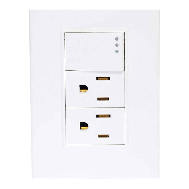 placa de 1 apagador y 2 contactos blanco blanco iGoto, vista frontal centrada de 3 módulos; placa rectangular de policarbonato blanco (8x12 cm) con interruptor superior de un solo polo y dos tomacorrientes tipo NEMA, pequeños LED indicadores junto al interruptor; 127V 15A, línea Lugano. Su tamaño compacto la hace adecuada para instalaciones de iluminación y enchufes inteligentes en muros residenciales.