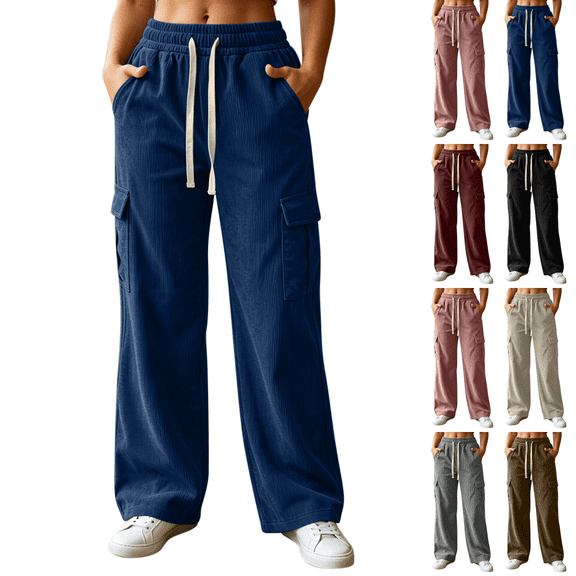 Sunnin Womens Corduroy Cargo Pants Drawstring Waist High Rise Wide Leg Pants with Pockets