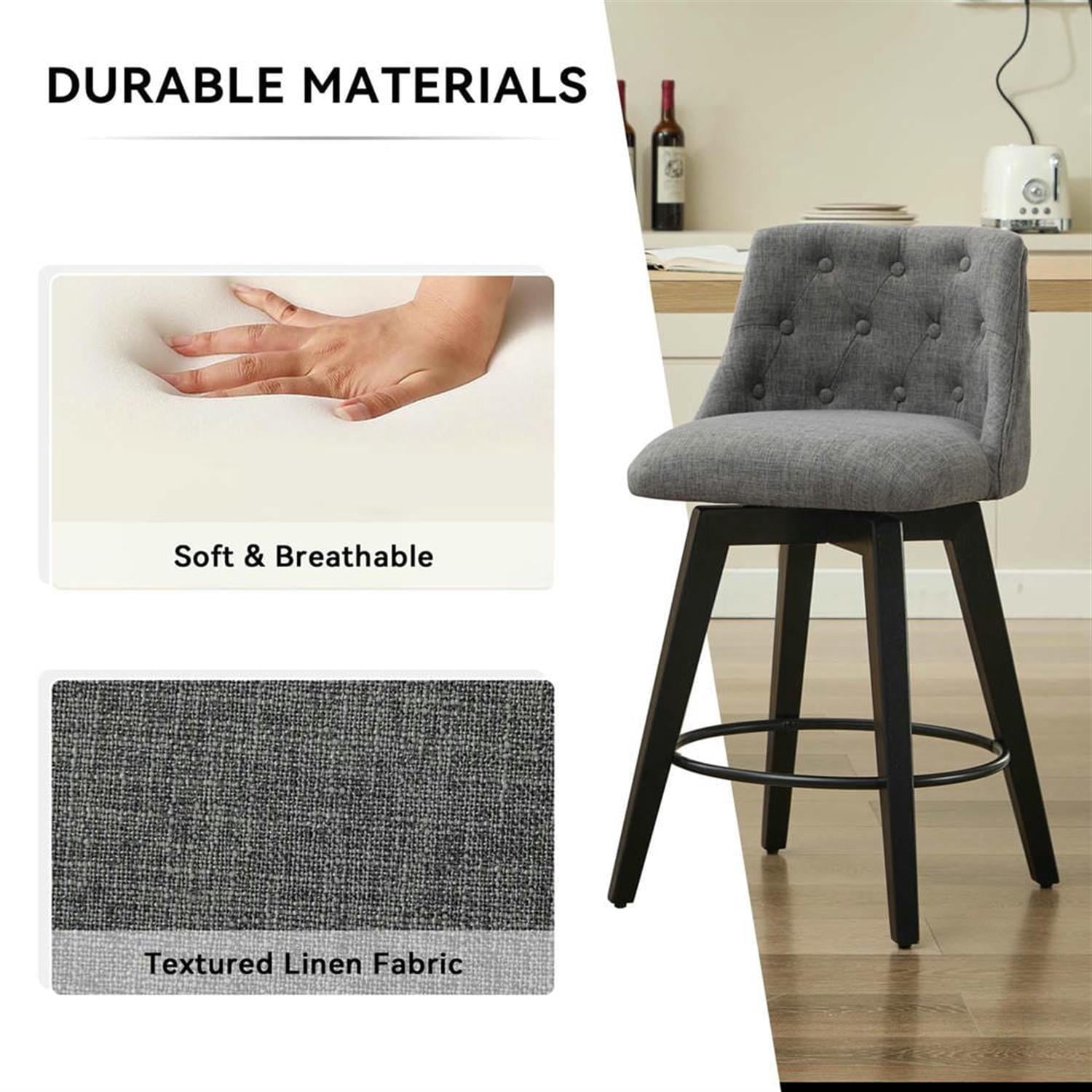 Demi Bonn 35" Counter Height Bar Stools Set of 2, Linen Fabric Swivel Barstools with Tufted Back, Kitchen Island Countertop Chairs for Dining Room, Gray