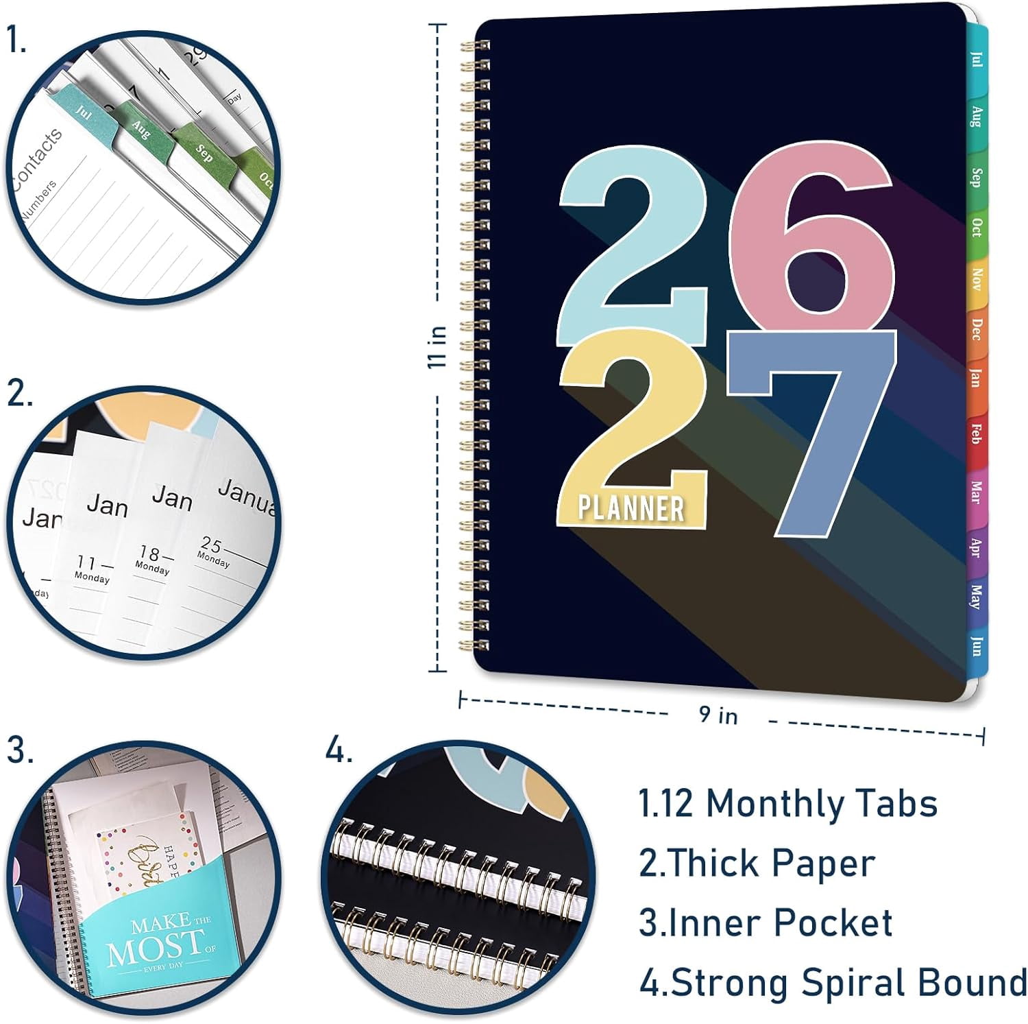 Planner 2026-2027 - 2026-2027 Planner weekly and monthly, July 2026 - June 2027, 9" x 11", Academic Calendar 26-27 with Colourful Tabs, Inner Pocket, Premium Paper, Twin-wire Binding