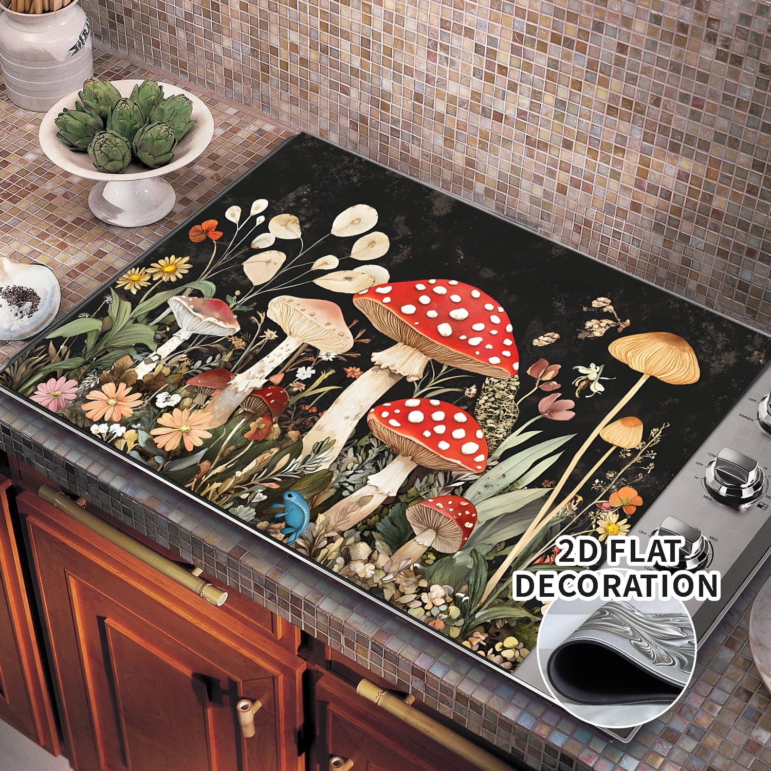 Stove Top Covers for Electric Stove Glass Top Protector Prevents Scratching Expands Usable Space 28''x 20'' Mushrooms and flowers