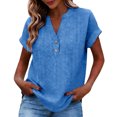 thumbnail image 2 of Otntypg Women Henley Tops Short Sleeve Button V Neck Lace Crochet Eyelet Shirts Dressy Casual Tunic Blouses Fashion Summer Tee T-Shirts Vacation Outfits Blue S, 2 of 9