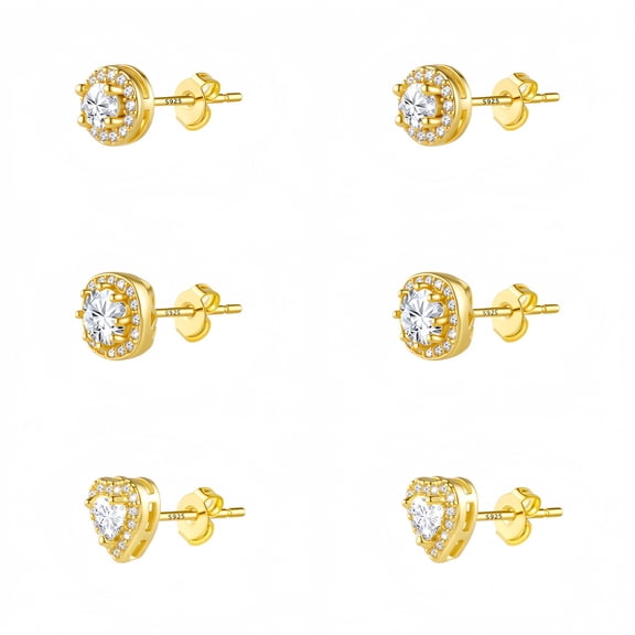 Gold Plated Stud Earrings for Women,Cubic Zirconia Round Heart Square Large Silver Stud Set Earring Gifts for Women 3 Pairs
