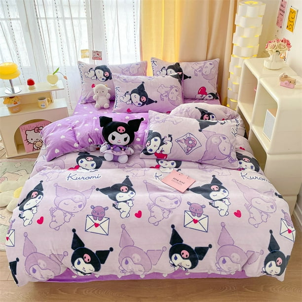 Sanrio Kuromi My melody Cinnamoroll Hello Kitty, juego de sábanas gruesas de terciopelo con leche y estampado de dibujos animados de invierno, juego de tres piezas