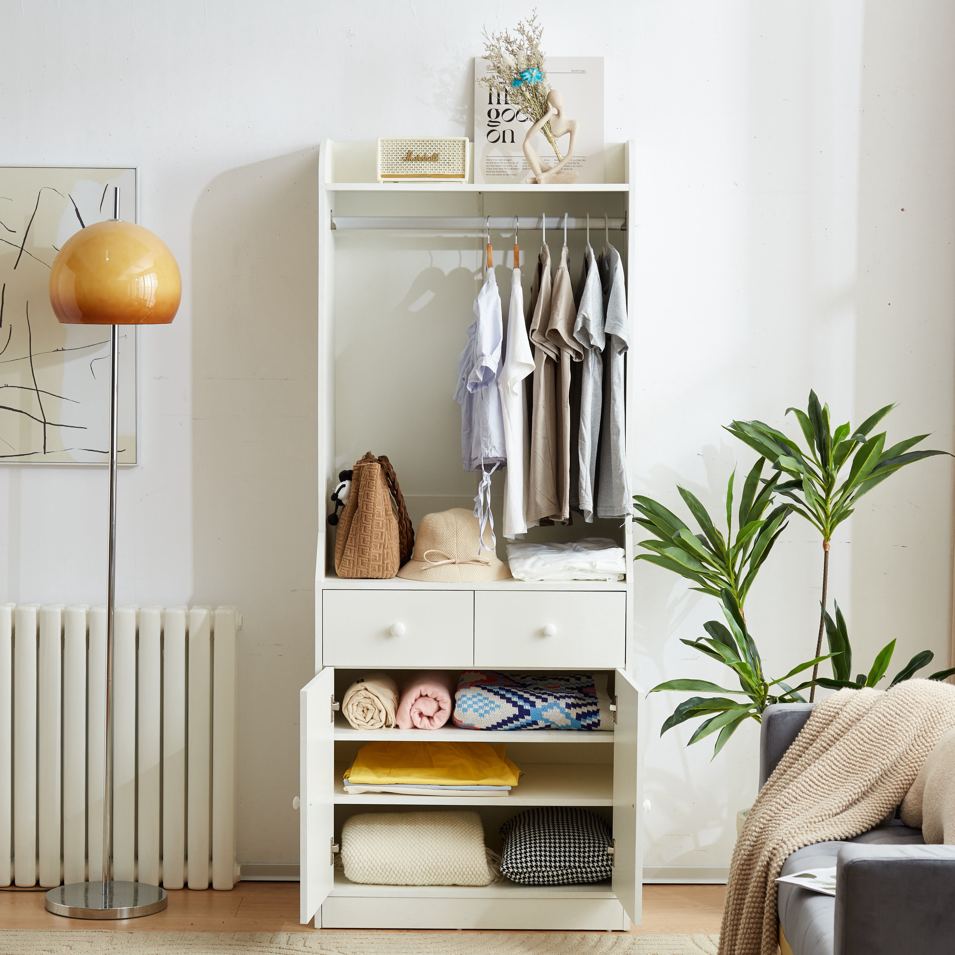Gzxs Wardrobe Armoire Wooden Closet with 1 Door, 3 Drawers, 4 Open