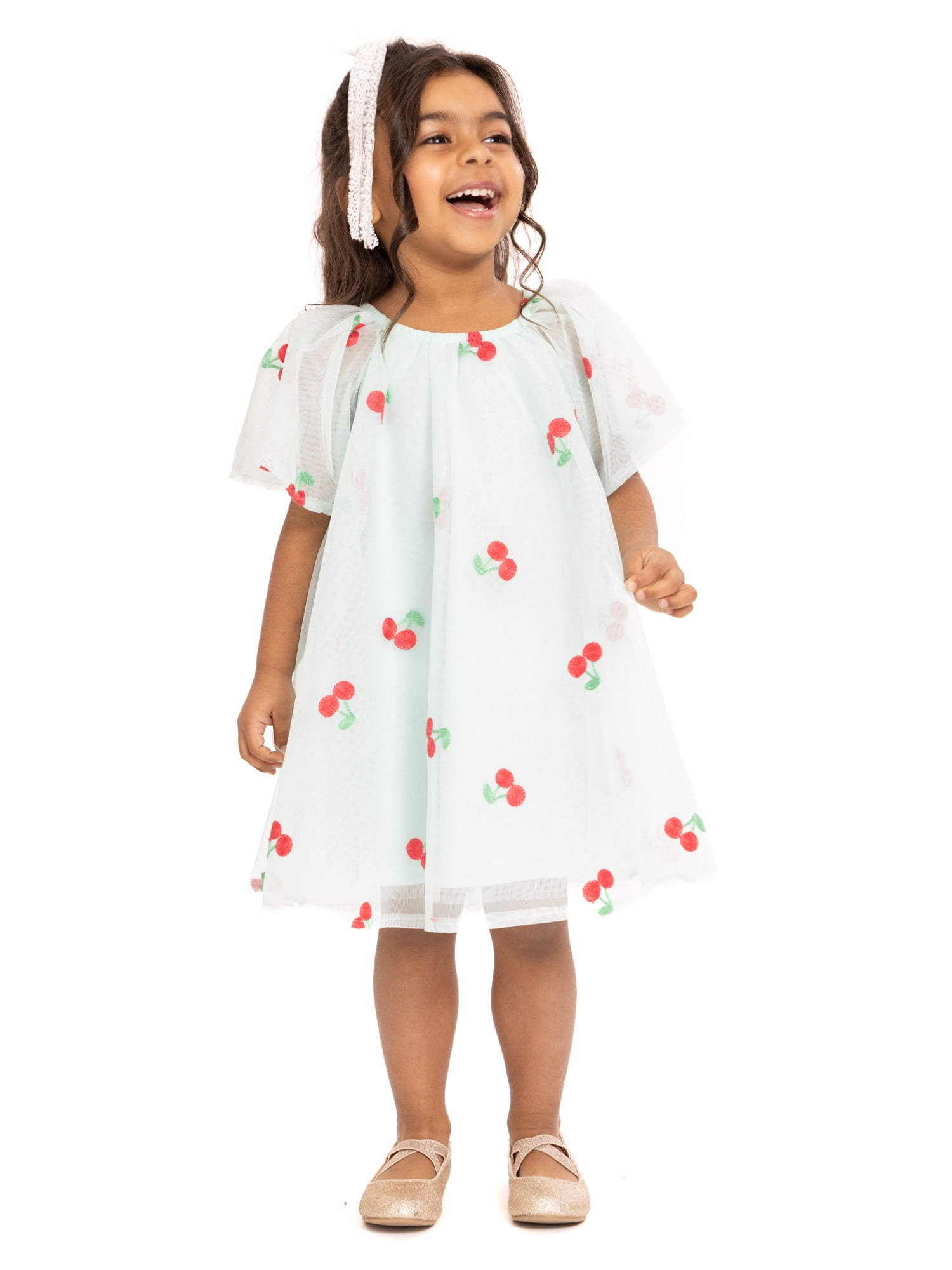 Wonder Nation Toddler Girls Cherry Print Dress with Short Sleeves, Sizes 12M-5T