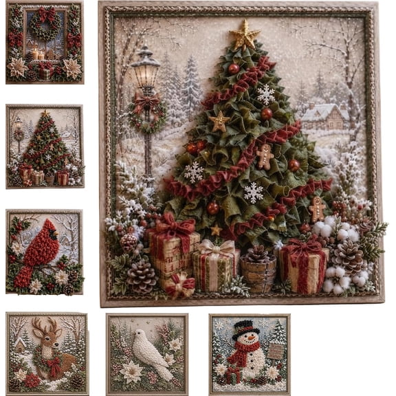 Clearance 3D Christmas Fabric Poke Art Kit, 3D Fabric Poke Art Kit for Adults with Pre-Cut Squares, Adult DIY Needle Punch Craft Kit, Vintage Holiday Handmade Decoration