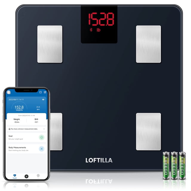 Báscula LOFTILLA para peso corporal, báscula digital inteligente para medir grasa corporal, sincronizada con la aplicación, analizador de composición corporal de 14", capacidad de 400 lb, color negro