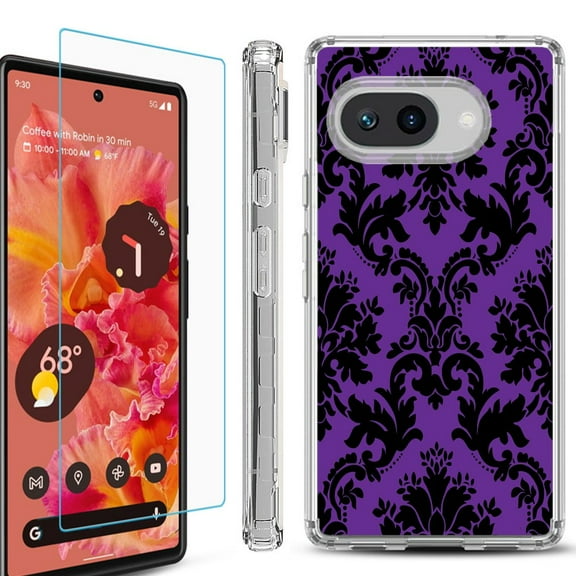 For Google Pixel 9a Phone Case Cover, Shockproof Bumper Case with Tempered Glass Screen Protector, by OneToughShield - Victorian Purple/Black