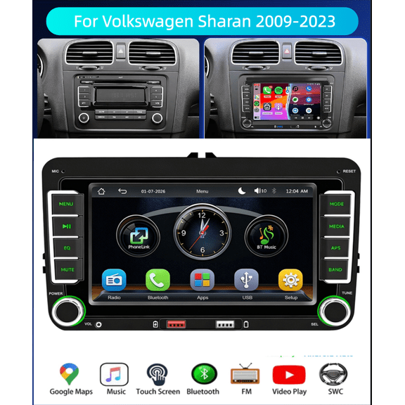 FENGXIH 7-inch Car Stereo For Volkswagen Sharan 2009-2023 and more, GPS Navigation with Carplay Android Auto BT WiFi SWC Car MP5 Player with 480P 11LED Backup Camera AM/FM/RDS Radio