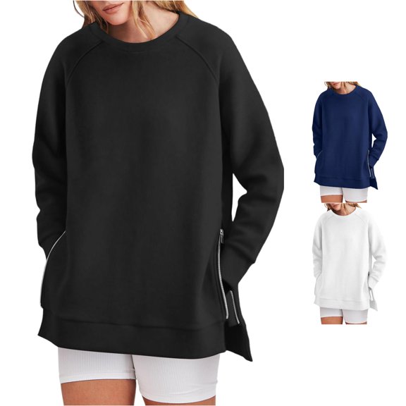 HCYSFG Womens Solid Color Sweatshirts Crewneck Long Sleeve Ribbed Drop Shoulder Relaxed Fit Pullovers Casual Tops