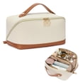 thumbnail image 1 of Telena Bolsa de maquillaje de piel de gran capacidad bolsa de maquillaje de viaje bolsa de cosm&eacute;ticos con asa y divisor abierto plano, 0-Beige con caf&eacute;, Elegante, 1 of 9