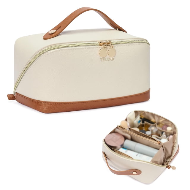 Telena Bolsa de maquillaje de piel de gran capacidad bolsa de maquillaje de viaje bolsa de cosméticos con asa y divisor abierto plano, 0-Beige con café, Elegante