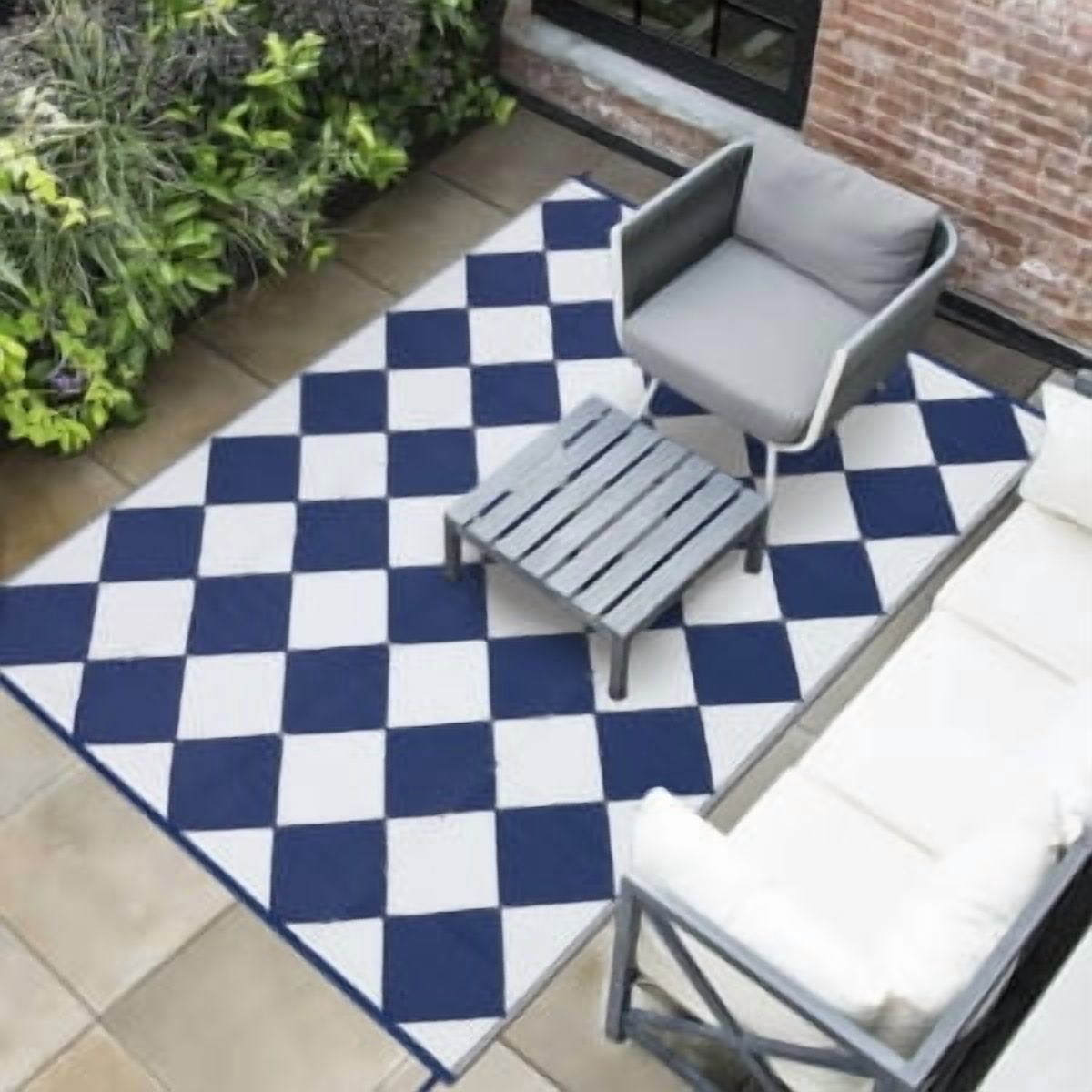 Danolapsi 8x10 Outdoor Rug Waterproof Reversible Outdoor Plastic Straw Rug with 4 Stakes & Portable Bag Boho Patio Rugs Carpet RV Mat Easy to Clean Checkered Floor Carpet for Patio Camp Balcony Deck