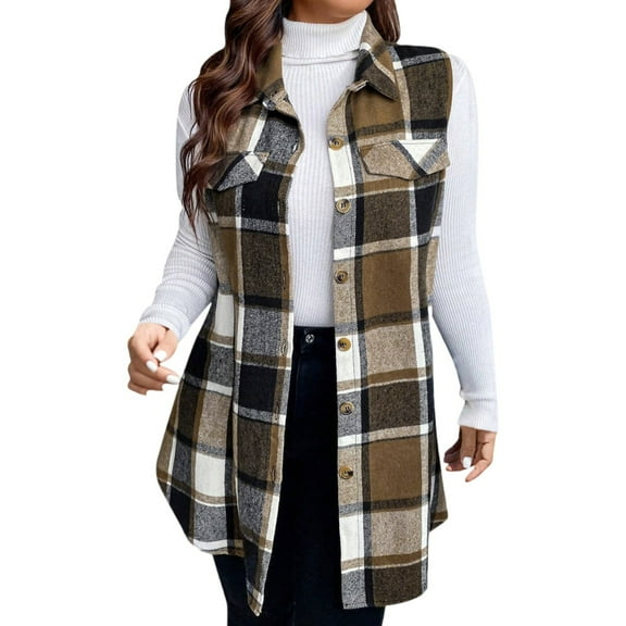 Stichou 2025 Women's Fall Flannel Plaid Vest Tops - Sleeveless Long Single Breasted Casual Fashion Jackets with Pockets Camel 2XL