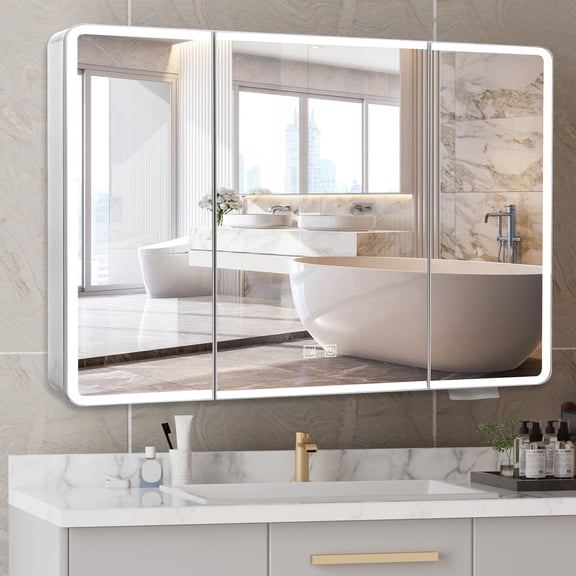 Jarbalai Modern 3-Door LED Medicine Cabinet, Dimmable Vanity Mirror with Jewelry Hook & Defogger