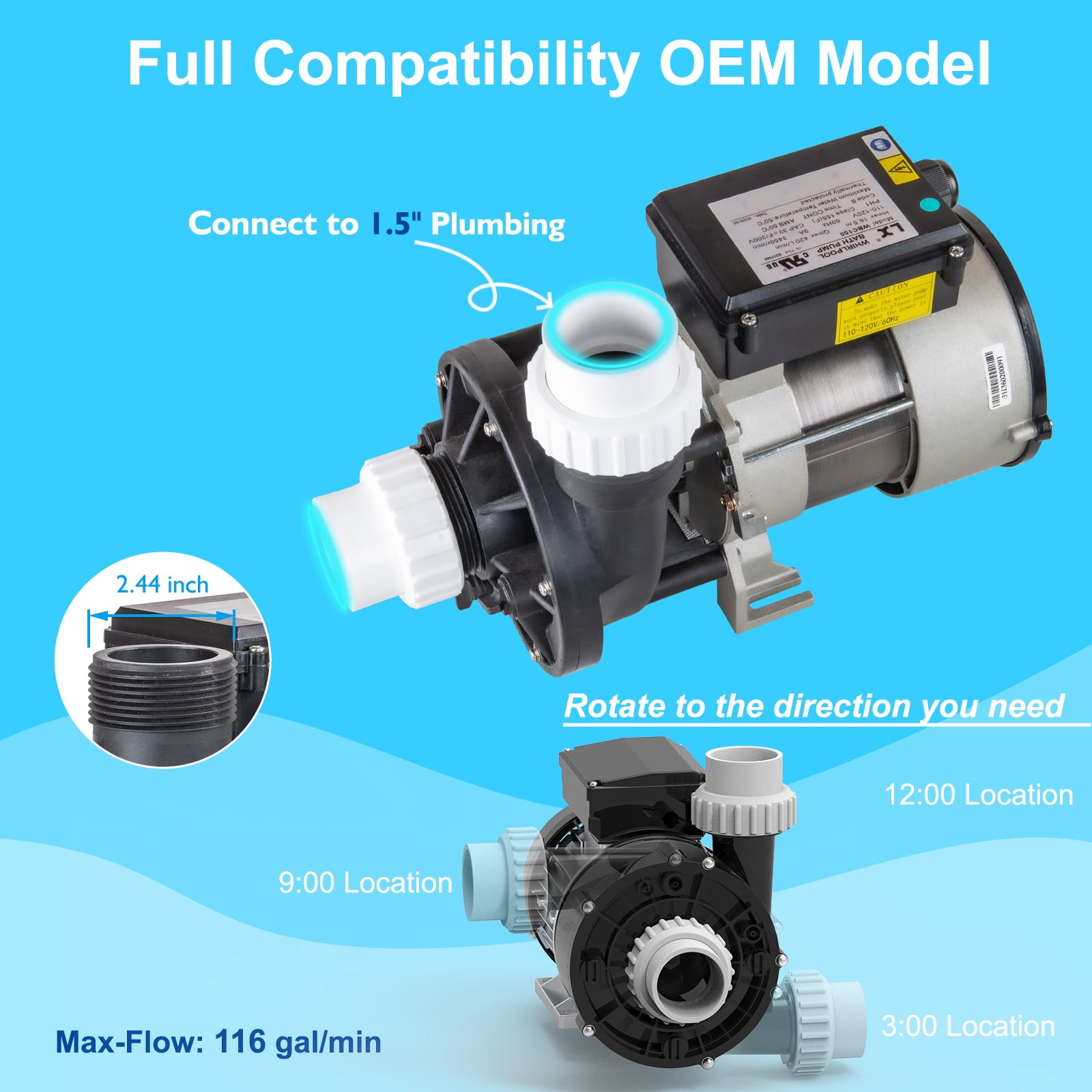 LINGXIAO Hot Tub Bath Pump; 1.5HP LX Pump Motor, 110V/60HZ, 9Amps, 1.5" Port, 116GPM Flow Rate - Model: WBC150