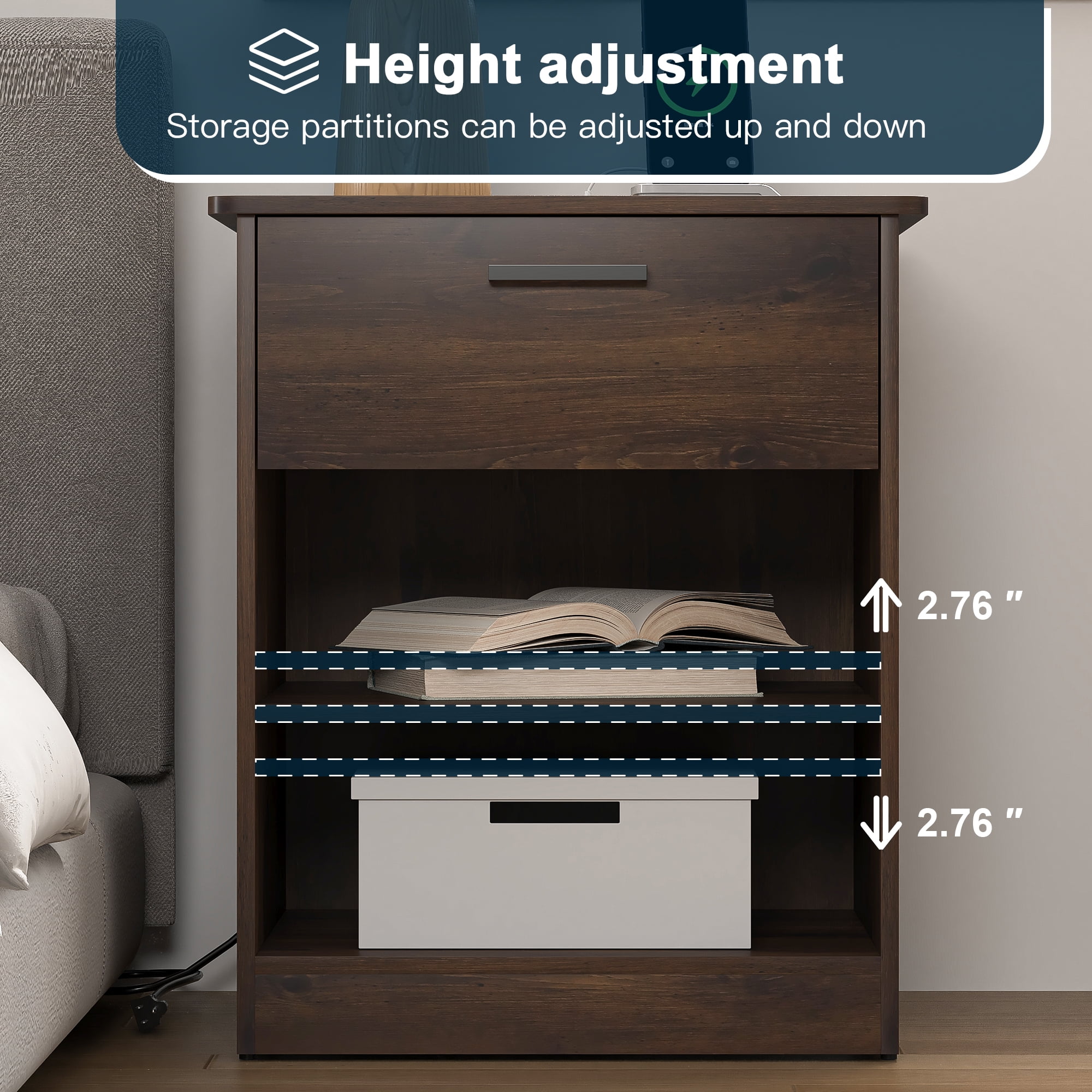 Demi Bonn 18.9" Side Table with Fast Charging Station USB C Cable Fast Charging, Wood End Table Nightstand with Drawer and Shelf for Living Room, Brown