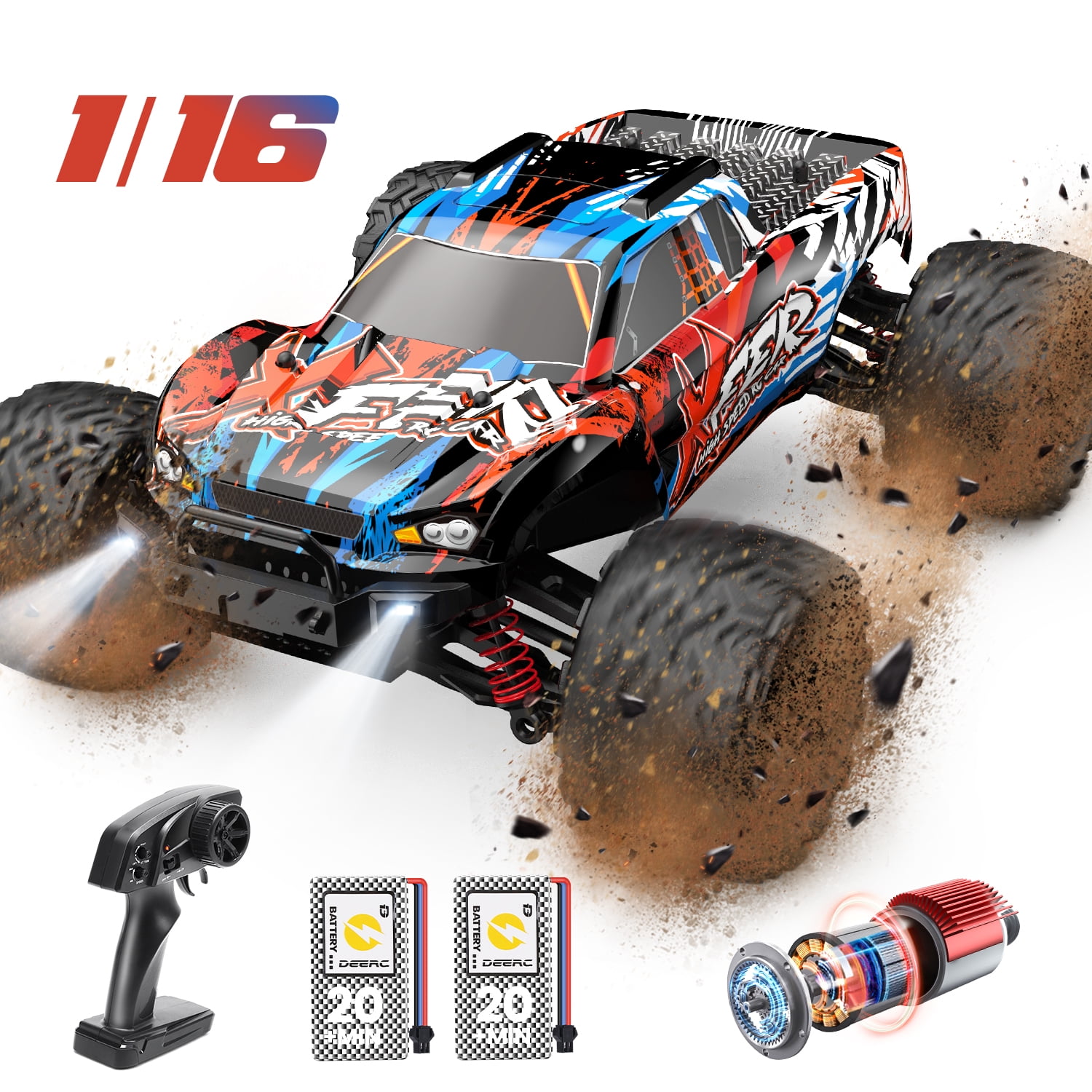 JoyStone RC Cars High Speed Remote Control Truck, 1:16 Scale 30+MPH RC Vehicle with LED Lights, 4WD All Terrain Offroad Truck with 2 Batteries, Gifts for Kids Adults