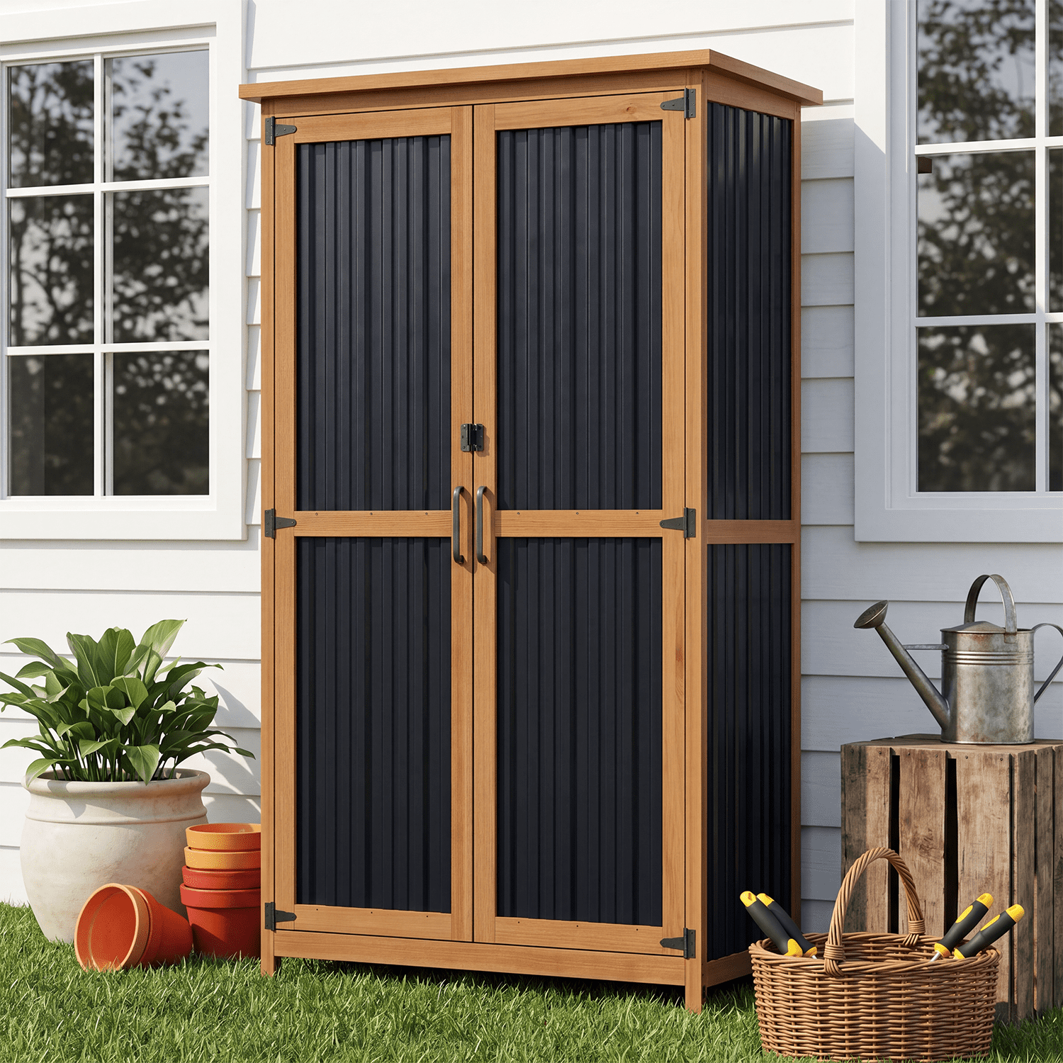 BaPiPro Outdoor Storage Cabinet, 2.6'x1.1' Tall Wood Storage Shed with Lockable Doors, Waterproof Garden Tool Cabinet with Removable Shelves for Patio, Backyard
