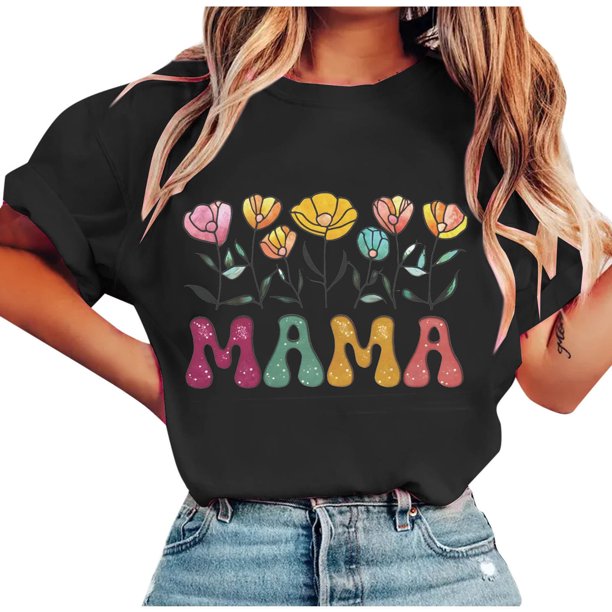 Tops de Manga Corta de Verano para las Mujeres Imprimir Blusa de Cuello Redondo, Moda Ligera de Poliéster Spandex
